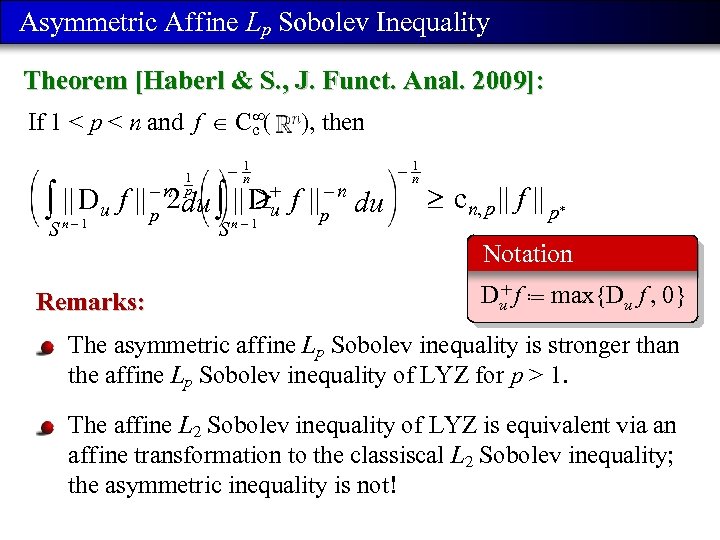 Asymmetric Aff ine Lp Sobolev Inequality Theorem [Haberl & S. , J. Funct. Anal.