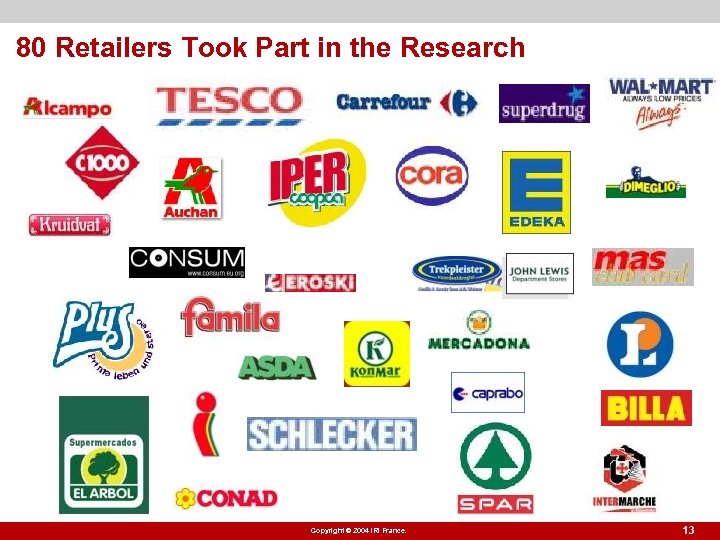 80 Retailers Took Part in the Research Copyright © 2004 IRI France. 13 