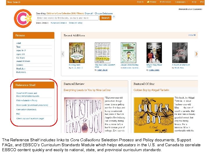 The Reference Shelf includes links to Core Collections Selection Process and Policy documents, Support