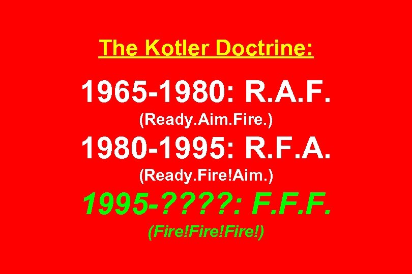 The Kotler Doctrine: 1965 -1980: R. A. F. (Ready. Aim. Fire. ) 1980 -1995: