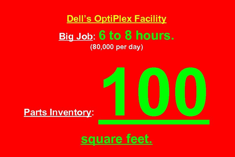 Dell’s Opti. Plex Facility Big Job: 6 to 8 hours. (80, 000 per day)