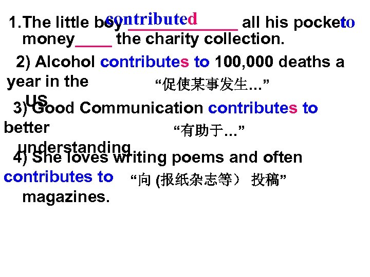 contributed 1. The little boy ______ all his pocket to money____ the charity collection.