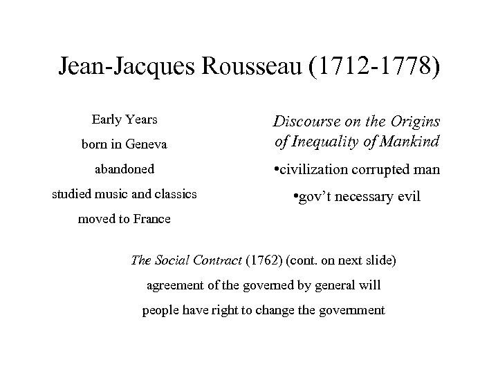 Jean-Jacques Rousseau (1712 -1778) Early Years born in Geneva Discourse on the Origins of
