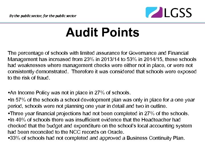 By the public sector, for the public sector Audit Points The percentage of schools