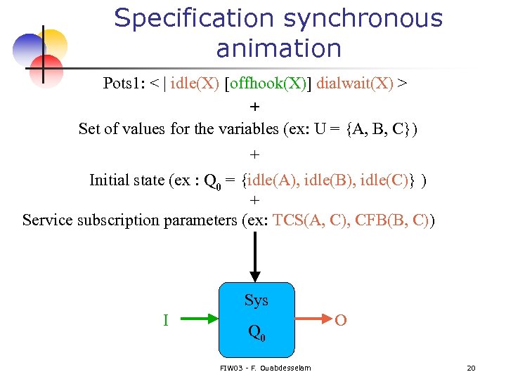 Specification synchronous animation Pots 1: < | idle(X) [offhook(X)] dialwait(X) > + Set of