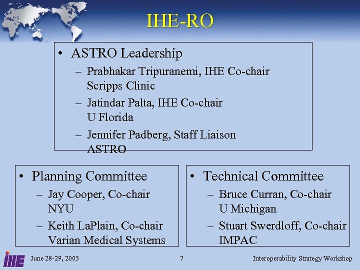 IHE-RO • ASTRO Leadership – Prabhakar Tripuranemi, IHE Co-chair Scripps Clinic – Jatindar Palta,