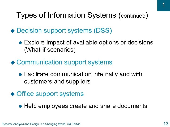 1 Types of Information Systems (continued) u Decision l support systems (DSS) Explore impact