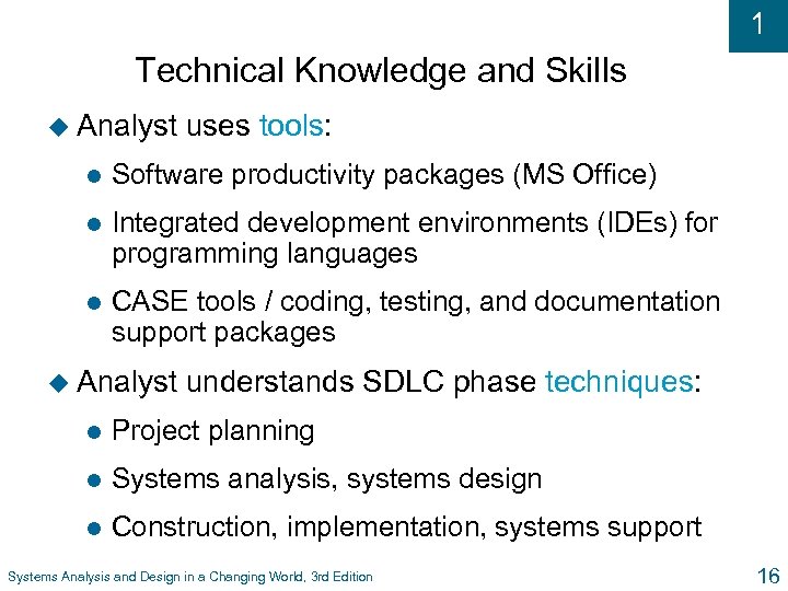 1 Technical Knowledge and Skills u Analyst uses tools: l Software productivity packages (MS