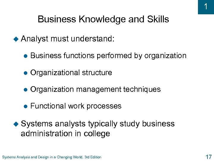 1 Business Knowledge and Skills u Analyst must understand: l Business functions performed by