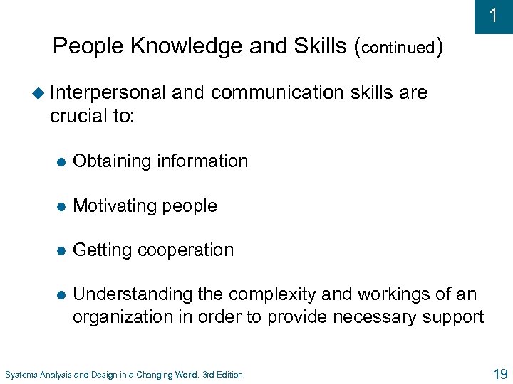 1 People Knowledge and Skills (continued) u Interpersonal and communication skills are crucial to:
