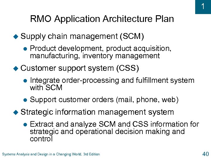 1 RMO Application Architecture Plan u Supply l chain management (SCM) Product development, product