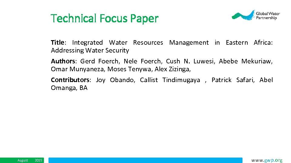 Technical Focus Paper Title: Integrated Water Resources Management in Eastern Africa: Addressing Water Security