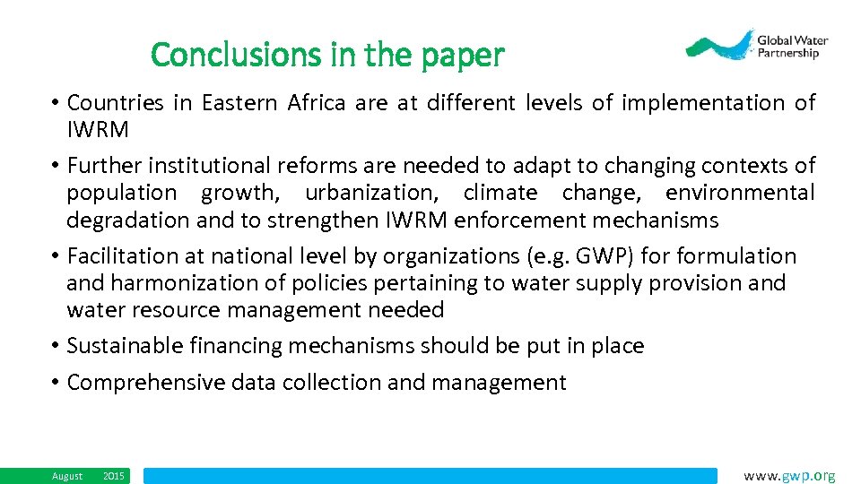 Conclusions in the paper • Countries in Eastern Africa are at different levels of