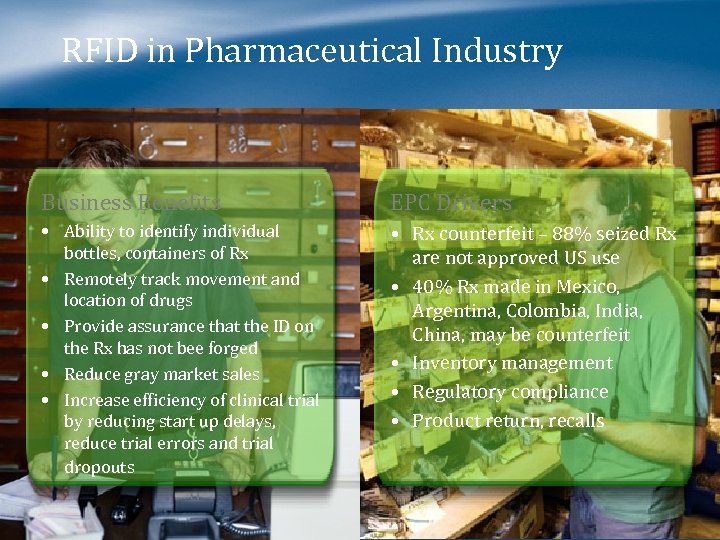 RFID in Pharmaceutical Industry Business Benefits EPC Drivers • Ability to identify individual bottles,