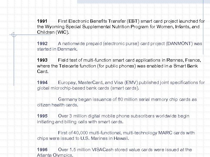 1991 First Electronic Benefits Transfer (EBT) smart card project launched for the Wyoming Special