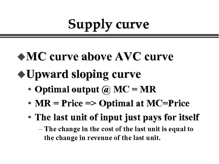 Supply curve u. MC curve above AVC curve u. Upward sloping curve • •