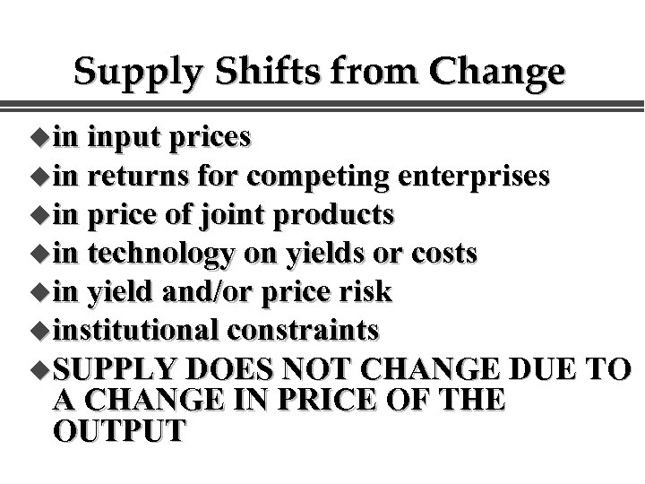 Supply Shifts from Change uin input prices uin returns for competing enterprises uin price