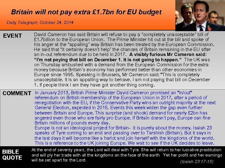 Britain will not pay extra £ 1. 7 bn for EU budget Daily Telegraph,