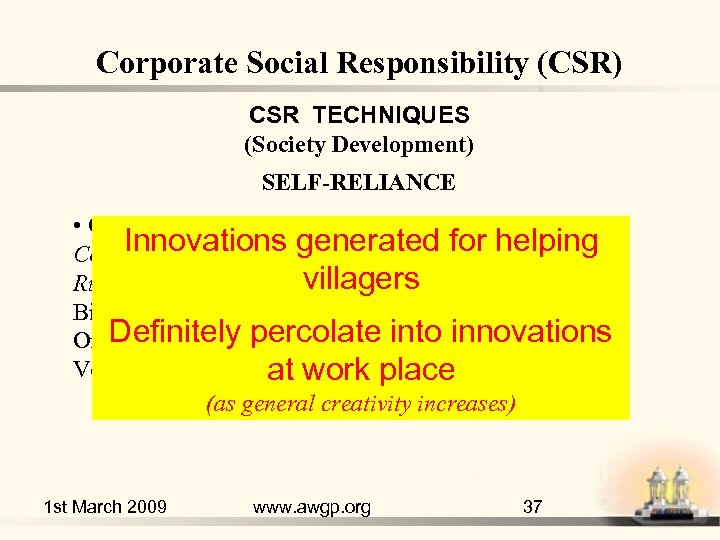 Corporate Social Responsibility (CSR) CSR TECHNIQUES (Society Development) SELF-RELIANCE • CITARA at IIT Bombay