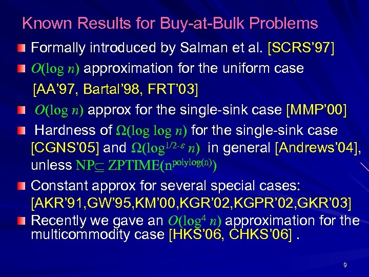 Known Results for Buy-at-Bulk Problems Formally introduced by Salman et al. [SCRS’ 97] O(log