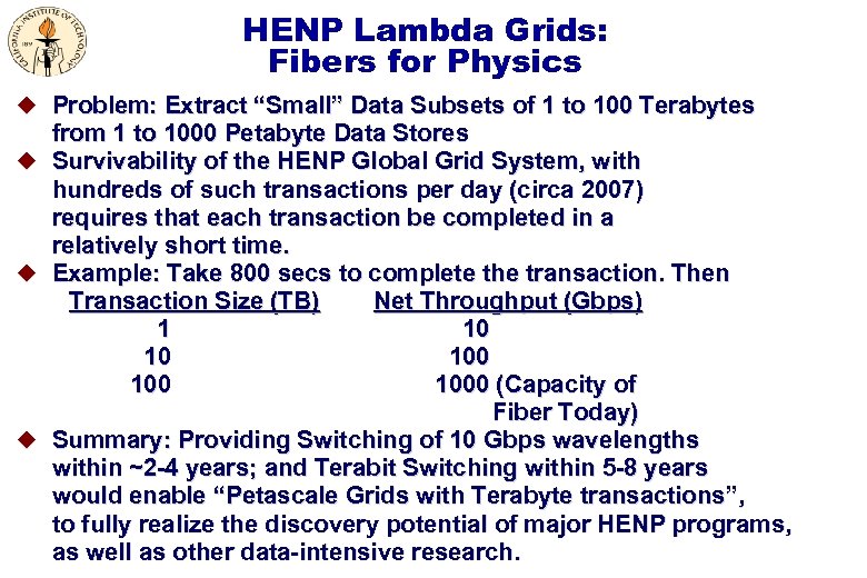 HENP Lambda Grids: Fibers for Physics u Problem: Extract “Small” Data Subsets of 1