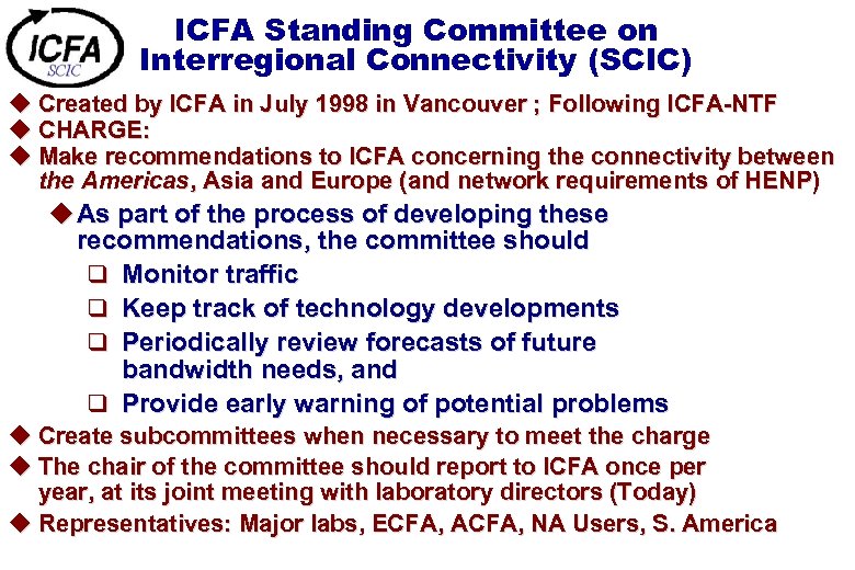 ICFA Standing Committee on Interregional Connectivity (SCIC) u Created by ICFA in July 1998