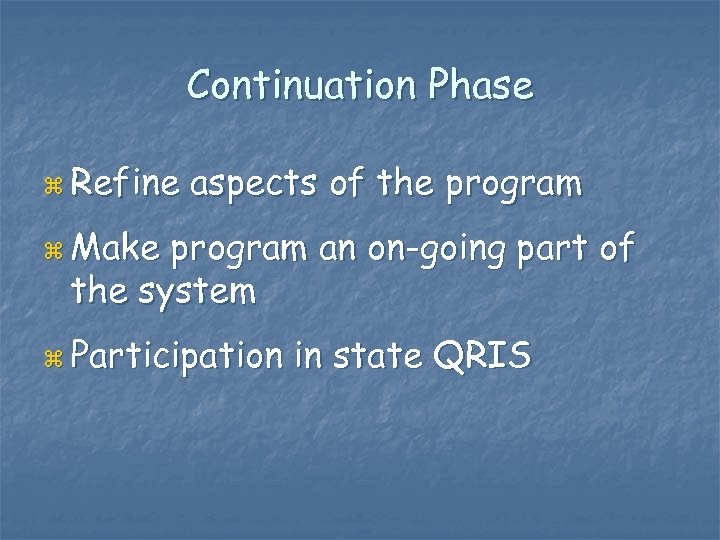 Continuation Phase z Refine aspects of the program z Make program an on-going part