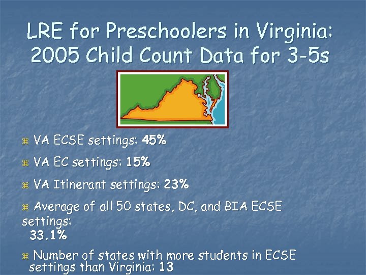 LRE for Preschoolers in Virginia: 2005 Child Count Data for 3 -5 s z