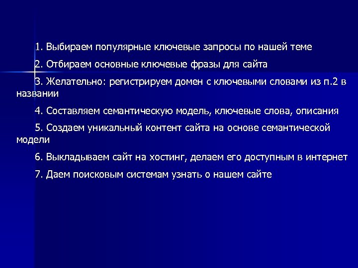 1. Выбираем популярные ключевые запросы по нашей теме 2. Отбираем основные ключевые фразы для