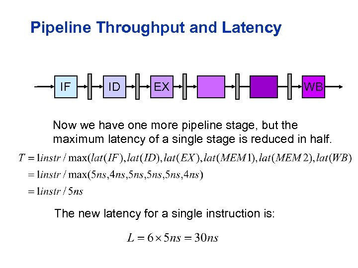 Pipeline Throughput and Latency IF ID EX WB Now we have one more pipeline