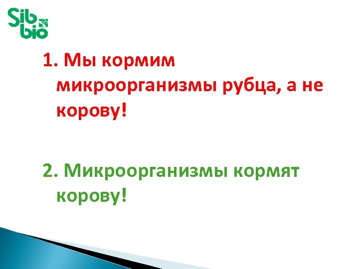 1. Мы кормим микроорганизмы рубца, а не корову! 2. Микроорганизмы кормят корову! 