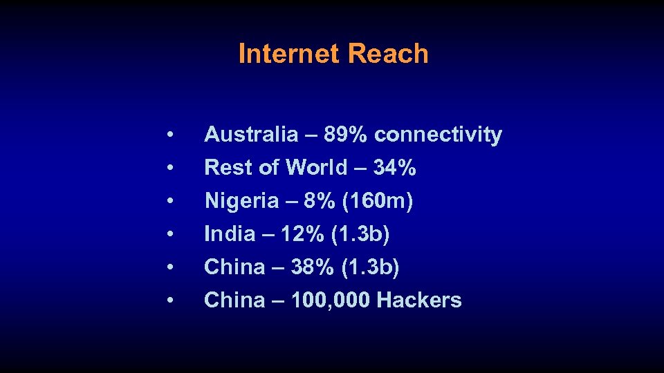 Internet Reach • Australia – 89% connectivity • Rest of World – 34% •