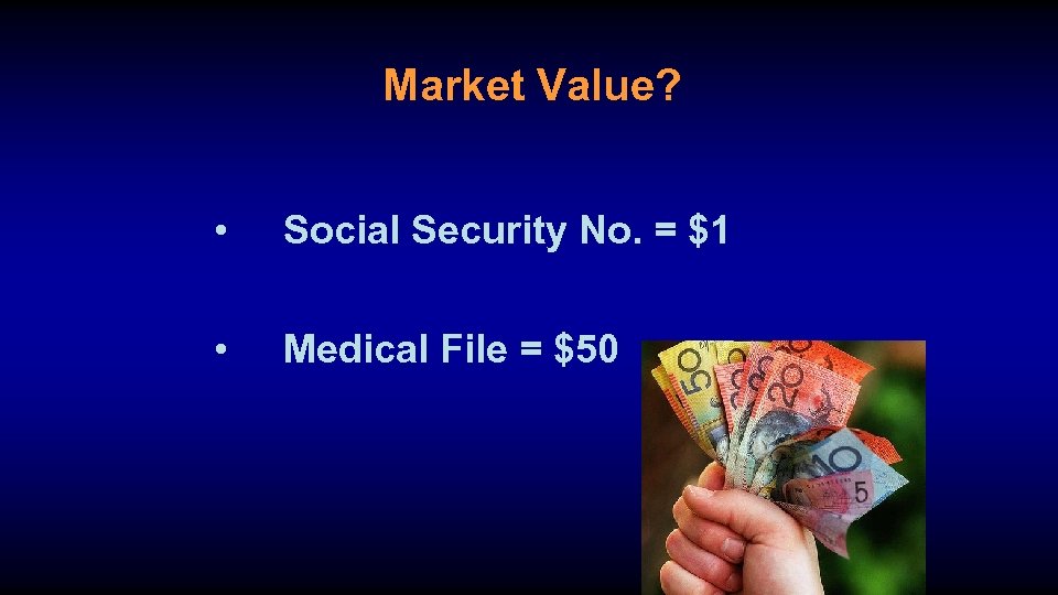 Market Value? • Social Security No. = $1 • Medical File = $50 