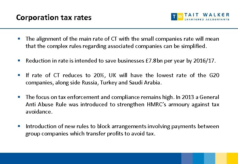  Corporation tax rates § The alignment of the main rate of CT with