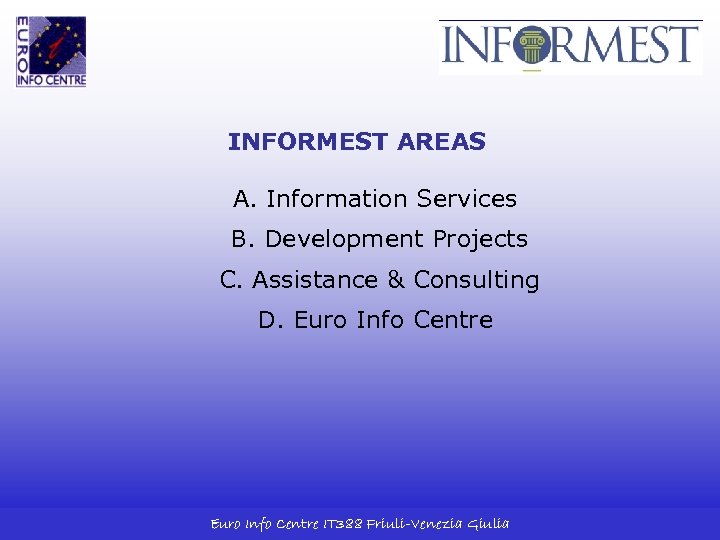 INFORMEST AREAS A. Information Services B. Development Projects C. Assistance & Consulting D. Euro