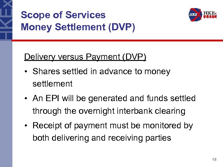 Scope of Services Money Settlement (DVP) Delivery versus Payment (DVP) • Shares settled in