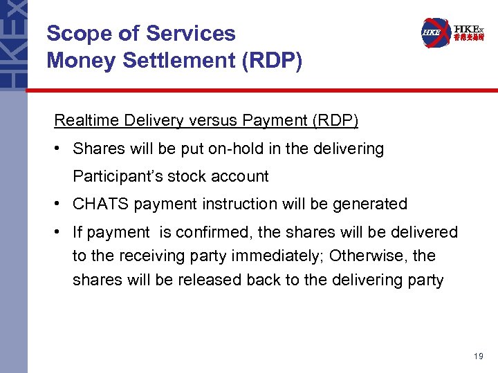 Scope of Services Money Settlement (RDP) Realtime Delivery versus Payment (RDP) • Shares will