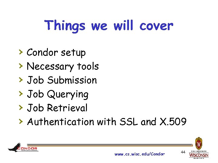 Things we will cover › › › Condor setup Necessary tools Job Submission Job