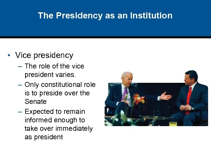 The Presidency as an Institution • Vice presidency – The role of the vice