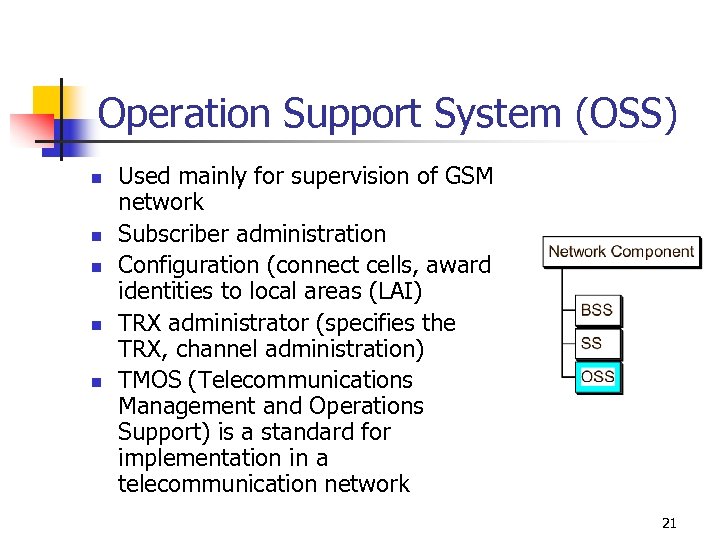 Operation Support System (OSS) n n n Used mainly for supervision of GSM network