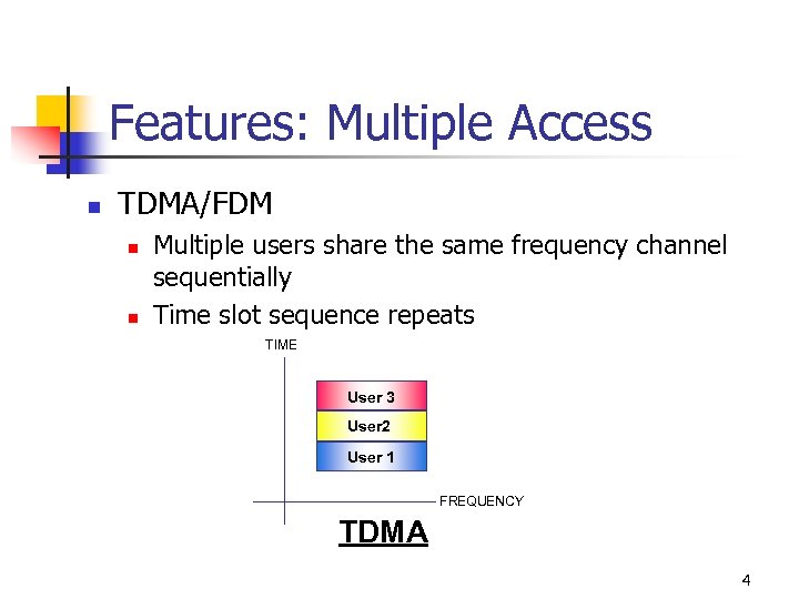 Features: Multiple Access n TDMA/FDM n n Multiple users share the same frequency channel