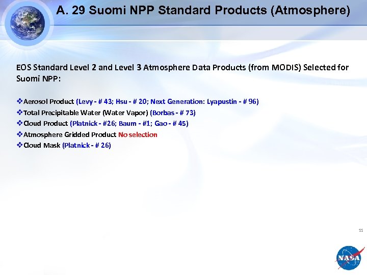 A. 29 Suomi NPP Standard Products (Atmosphere) EOS Standard Level 2 and Level 3