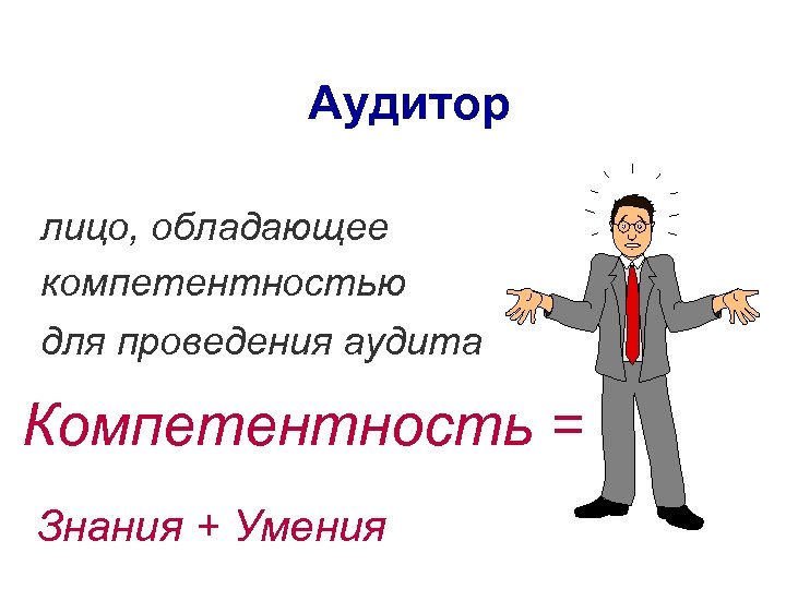 Аудитор лицо, обладающее компетентностью для проведения аудита Компетентность = Знания + Умения 