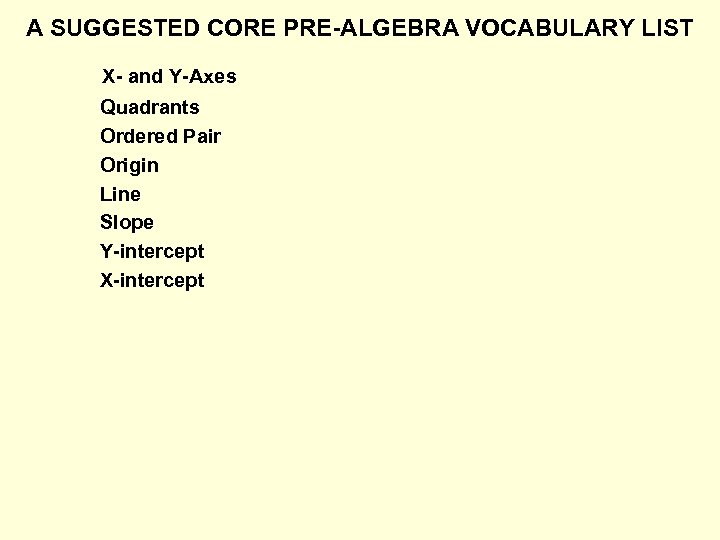 A SUGGESTED CORE PRE-ALGEBRA VOCABULARY LIST X- and Y-Axes Quadrants Ordered Pair Origin Line