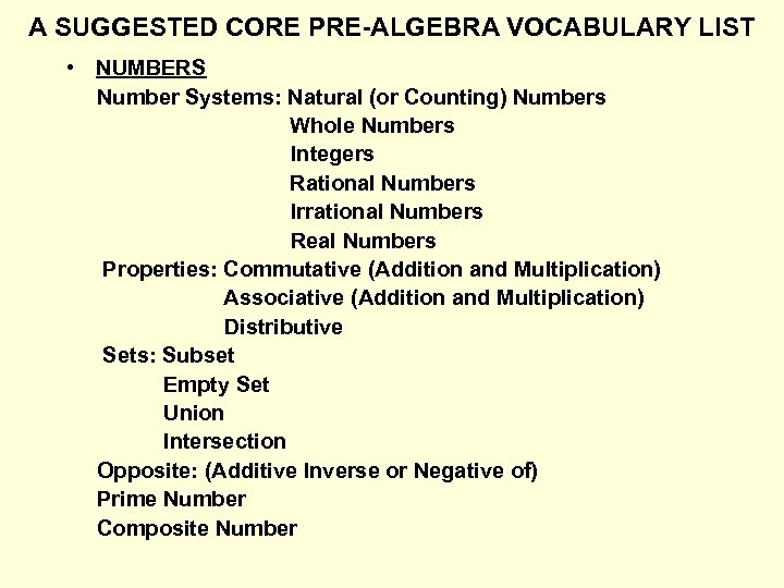 A SUGGESTED CORE PRE-ALGEBRA VOCABULARY LIST • NUMBERS Number Systems: Natural (or Counting) Numbers