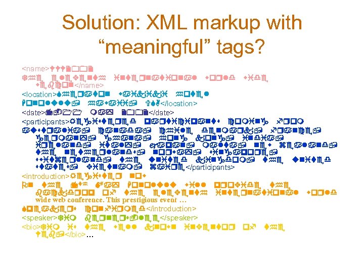 Solution: XML markup with “meaningful” tags? <name>WWW 2002 The eleventh international world wide webcon</name>