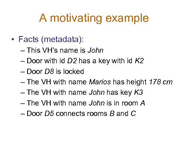 A motivating example • Facts (metadata): – This VH’s name is John – Door