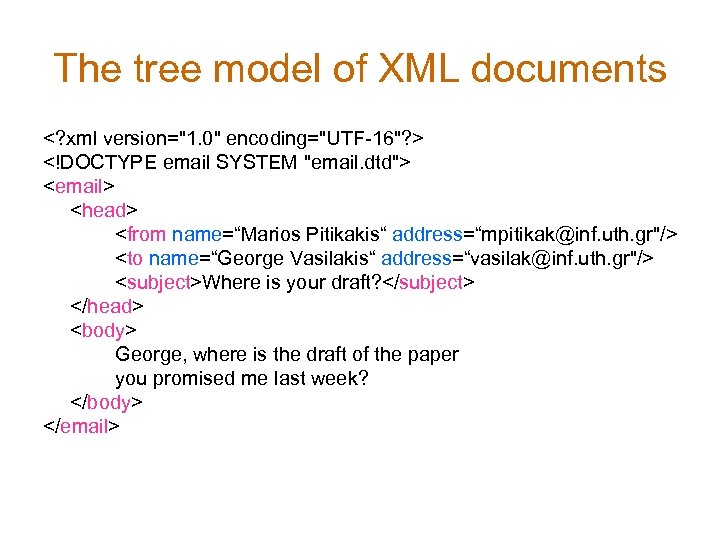 The tree model of XML documents <? xml version="1. 0" encoding="UTF-16"? > <!DOCTYPE email