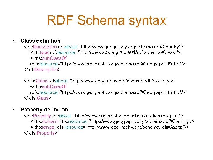 RDF Schema syntax • Class definition <rdf: Description rdf: about=”http: //www. geography. org/schema. rdf#Country”>