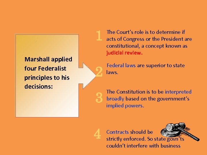 1 Marshall applied four Federalist principles to his decisions: The Court’s role is to